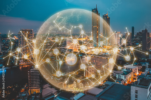Wireless Network City concept, with line connecting together, modernize an internet of things era connecting everything in city background of metropolis city urbanize