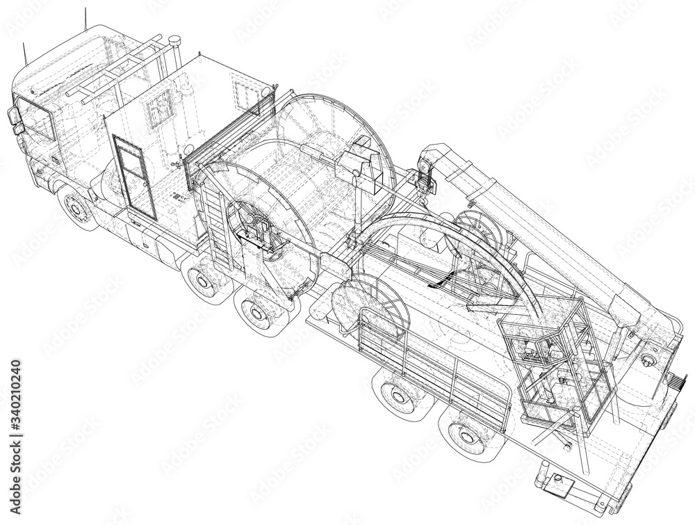 Oilfield coiled tubing equipment. Coiled tubing reel on a trailer. wire-frame. Top view. The layers of visible and invisible lines are separated. EPS10 format. Wire-frame.