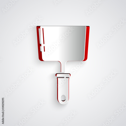 Paper cut Putty knife icon isolated on grey background. Spatula repair tool. Spackling or paint instruments. Paper art style. Vector Illustration