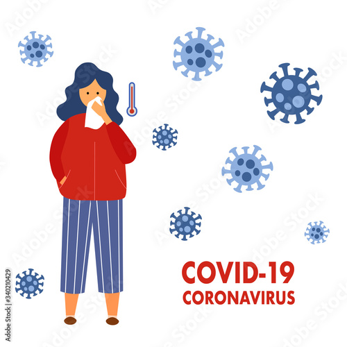 Sick woman sneeze and cough. Spread of Coronavirus influenza infection. Covid-19 pandemic outbreak vector illustration. Lady sneezing in handkerchief. Season allergy.