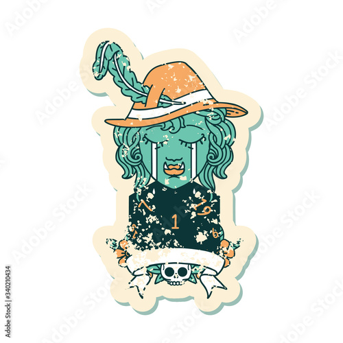 crying orc bard character with natural one D20 roll illustration