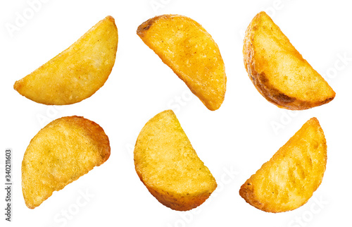 Collection of delicious potato wedges, isolated on white