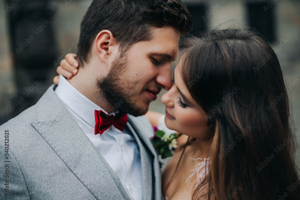 Beautiful bride and groom embracing and kissing on their wedding day outdoors Beautiful bride and groom embracing and kissing on their wedding day outdoors