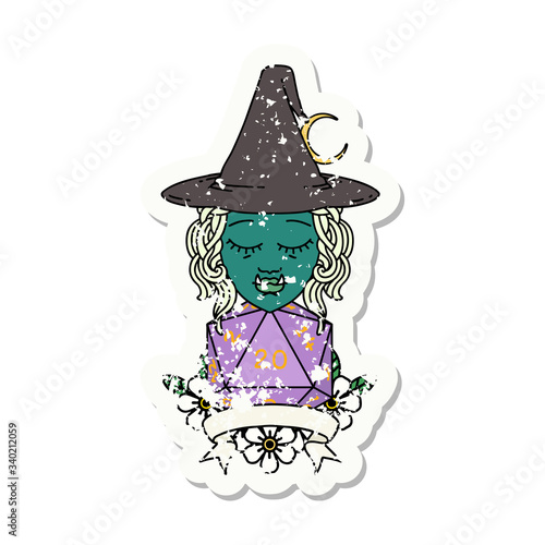 half orc witch character with natural 20 dice roll illustration