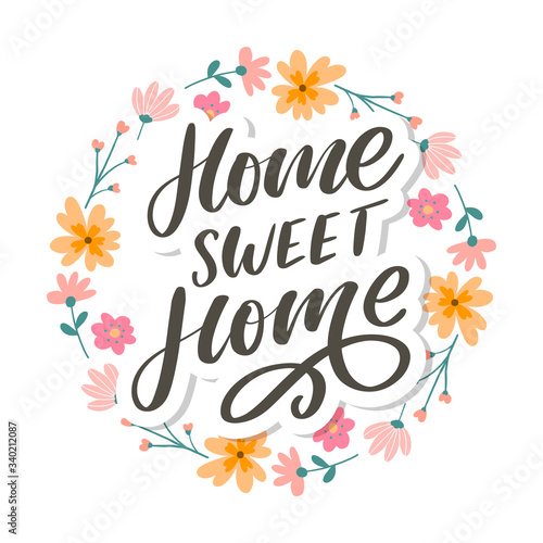 'home sweet home' hand lettering, quarantine pandemic letter text words calligraphy vector illustration slogan