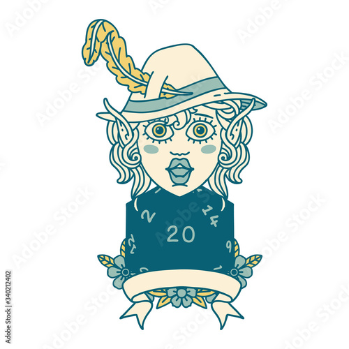 elf bard with natural twenty dice roll illustration