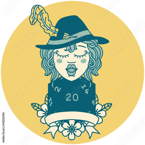human bard character with natural 20 dice roll illustration