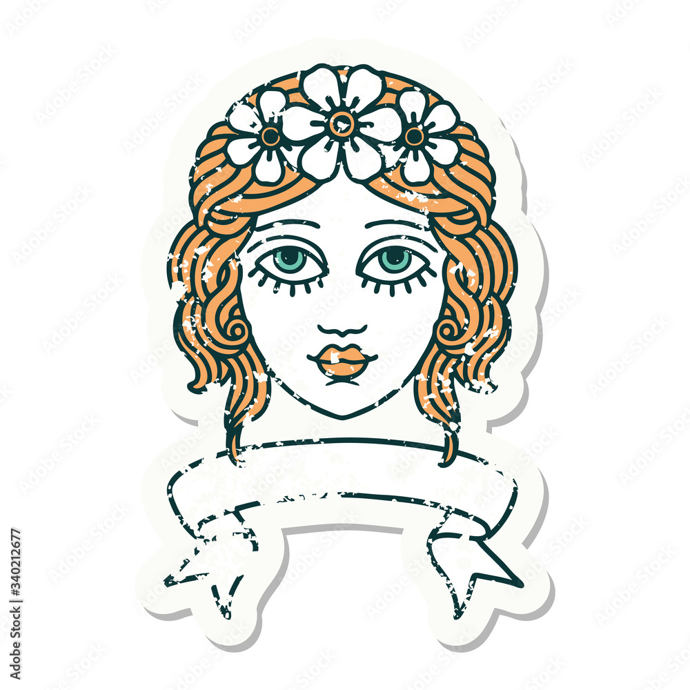 grunge sticker with banner of female face with crown of flowers grunge sticker with banner of female face with crown of flowers