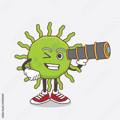 Green Virus cartoon mascot character using a monocular