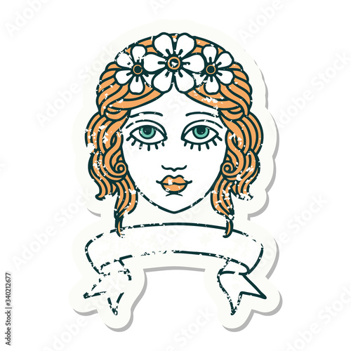 grunge sticker with banner of female face with crown of flowers