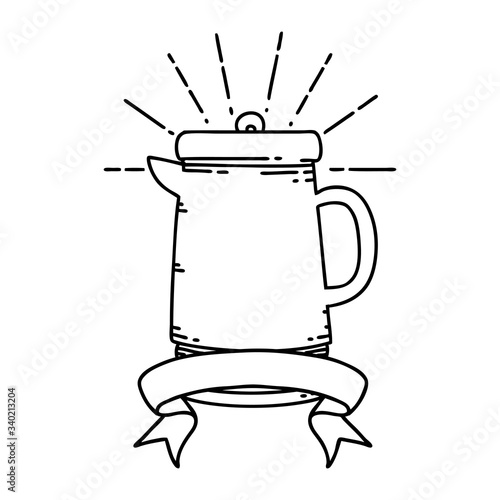 banner with black line work tattoo style coffee pot