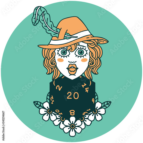 human bard with natural 20 dice roll icon
