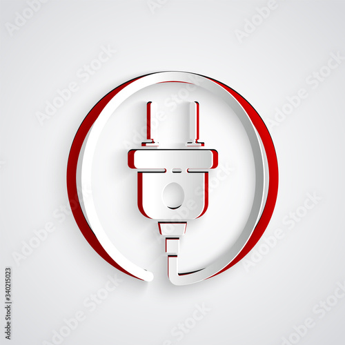 Paper cut Electric plug icon isolated on grey background. Concept of connection and disconnection of the electricity. Paper art style. Vector Illustration