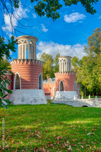 Vorontsov Manor. The main entrance to the Vorontsovo estate with guard towers, XVIII century. Moscow, Russia