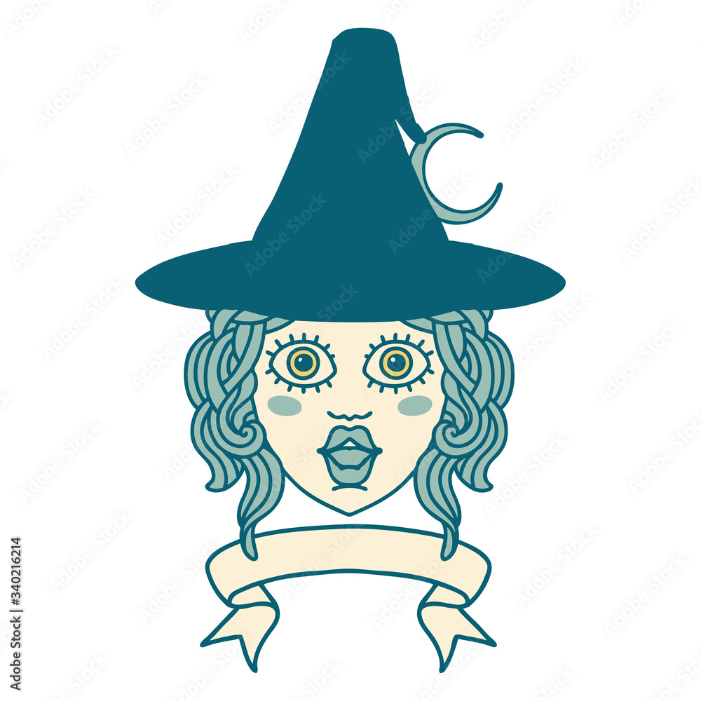 human witch character with banner illustration