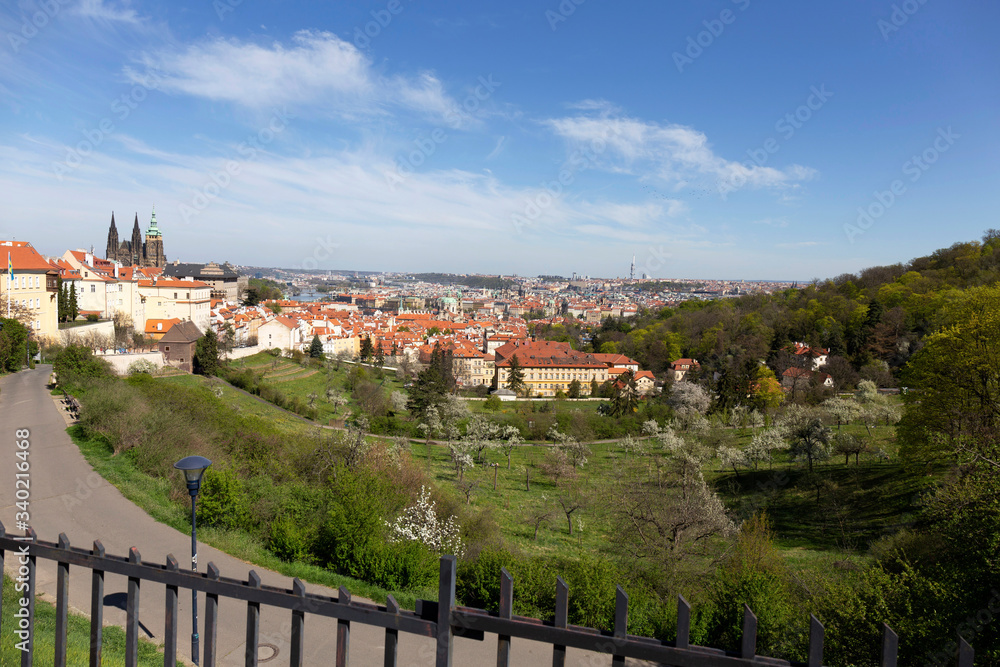 Spring Prague City with gothic Castle and the green Nature and flowering Trees from the Hill Petrin, Czech Republic