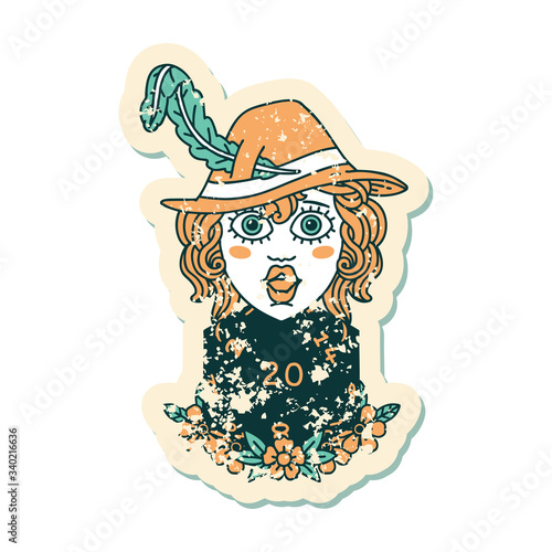 human bard with natural 20 dice roll grunge sticker