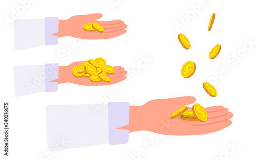 Gold coin in hand flat cartoon set. Cash payments concept. Businessman hands takes money. Showing pay, giving cash, golden pennies fly. Template for financial projects. Vector illustration