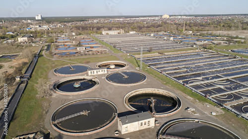 Aerial picture. Wastewater treatment plant. Cleaning water reservoirs. Sewage wastewater cleaning plant. 