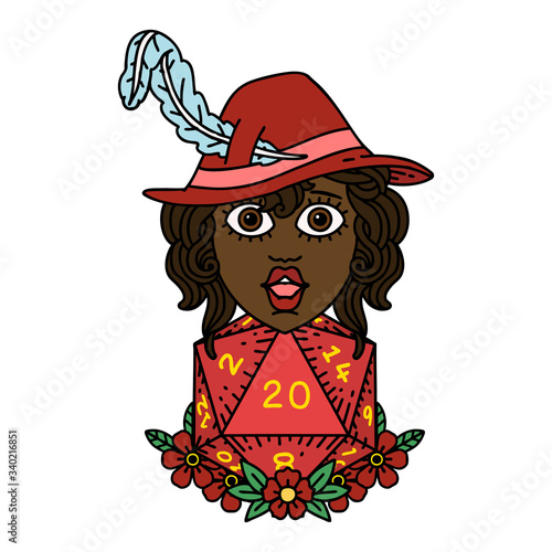 human bard with natural 20 dice roll illustration