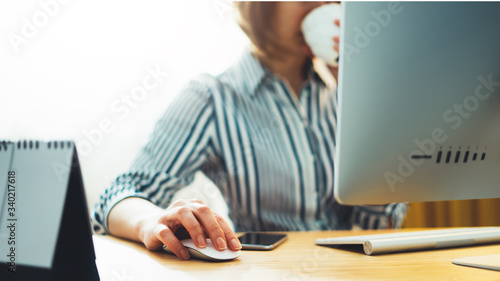 isolation manager working at office workplace, hands using computer mouse at home interior, social dinstance work process concept, online education with internet technology,, mockup copy space photo