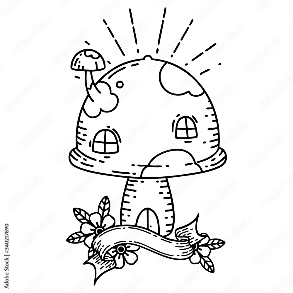 banner with black line work tattoo style toadstool house