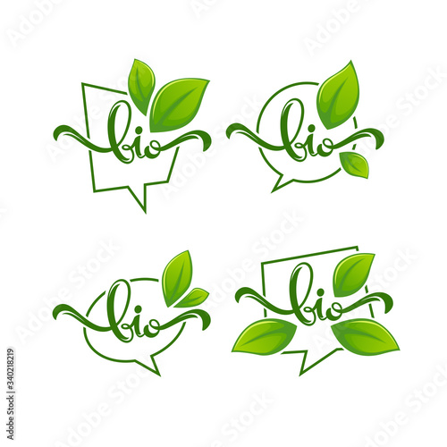Bio Product, organic leaves emblems, stickers,  frames and logo with lettering composition
