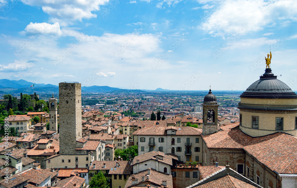 aereal panoramic view of bergamo and mountains from the upper old city