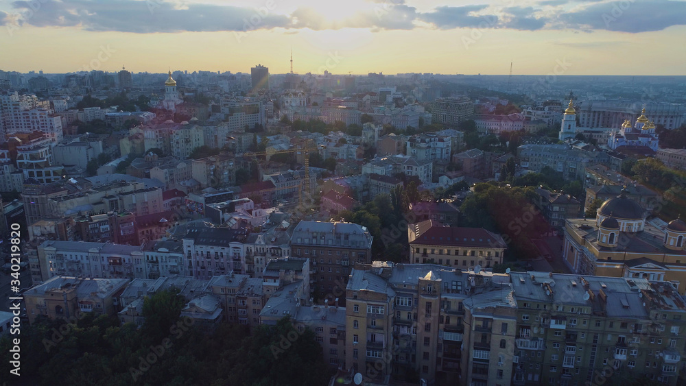 Aerial view. Flying above city center. Kyiv, Ukraine. 4K