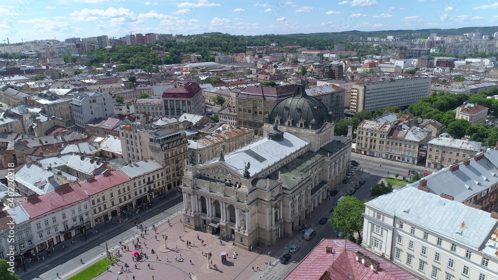 Aerial view of Lviv opera and ballet theatre. Lviv city center. Ukraine.