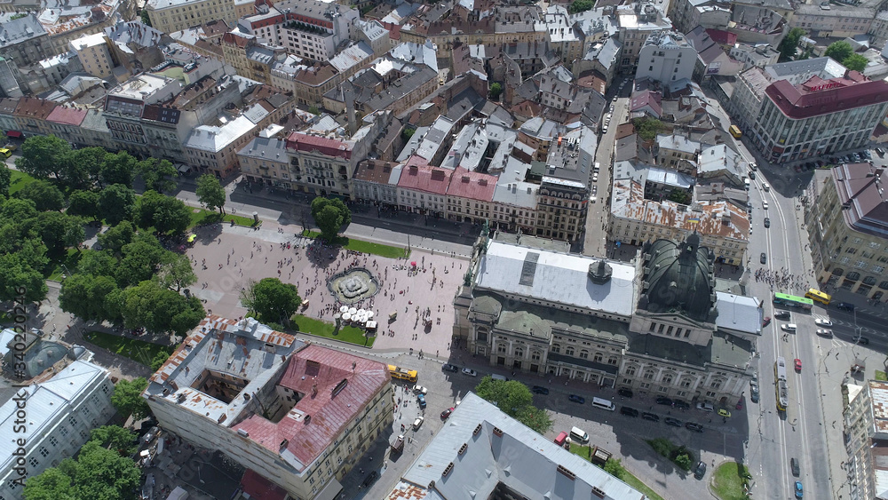 Fototapeta premium Aerial view of Lviv opera and ballet theatre. Lviv city center. Ukraine.