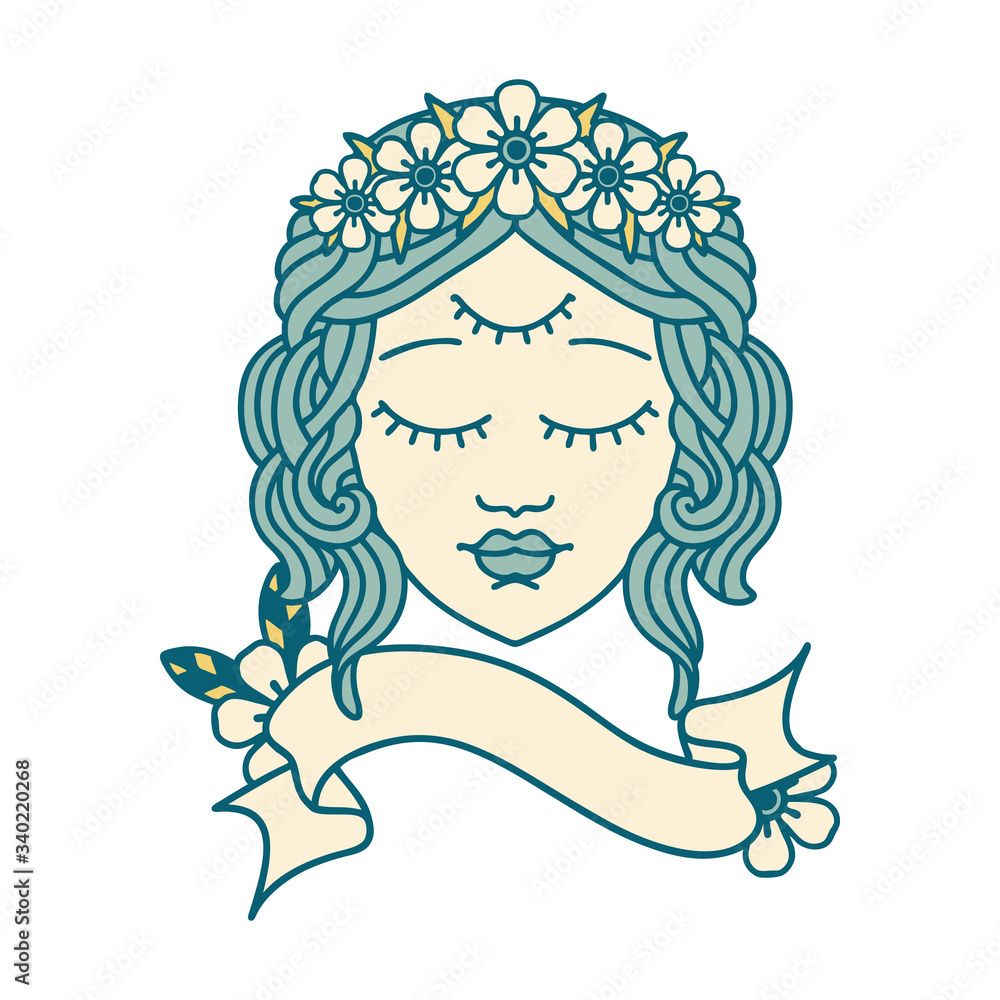 tattoo with banner of female face with third eye tattoo with banner of female face with third eye
