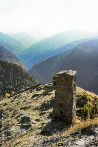 A tower of the old fort of upper Omalo overlooks the mountainous landscape