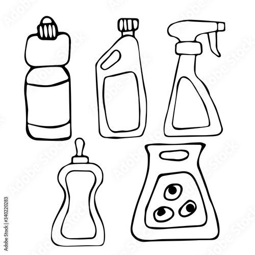 Vector illustration of a set of household chemicals for cleaning, cleaning, disinfection, washing. Hand-drawn in Doodle style, black outline on white background