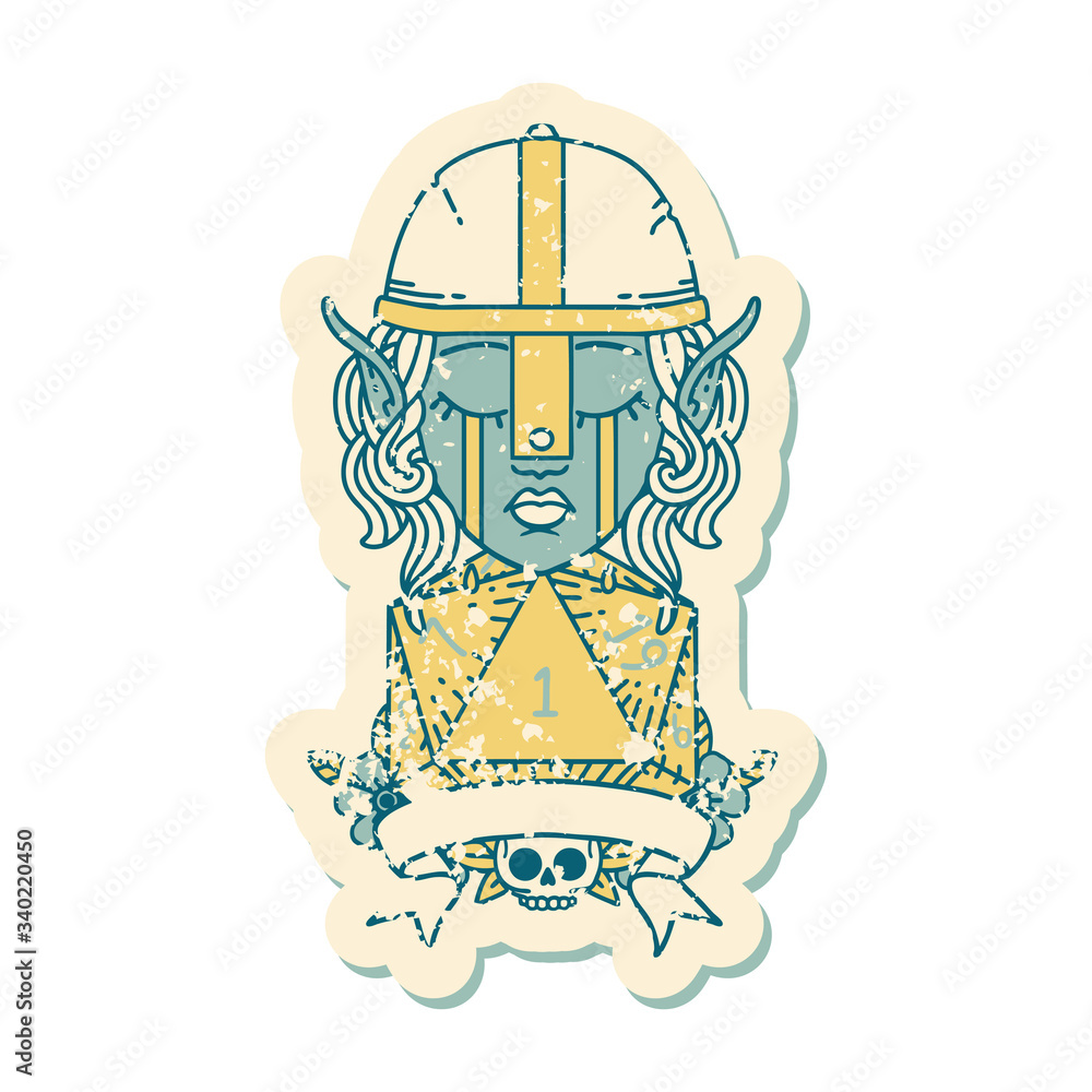 crying elf fighter character face with natural one D20 roll illustration crying elf fighter character face with natural one D20 roll illustration