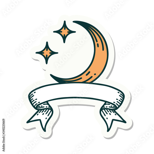 tattoo sticker with banner of a moon and stars