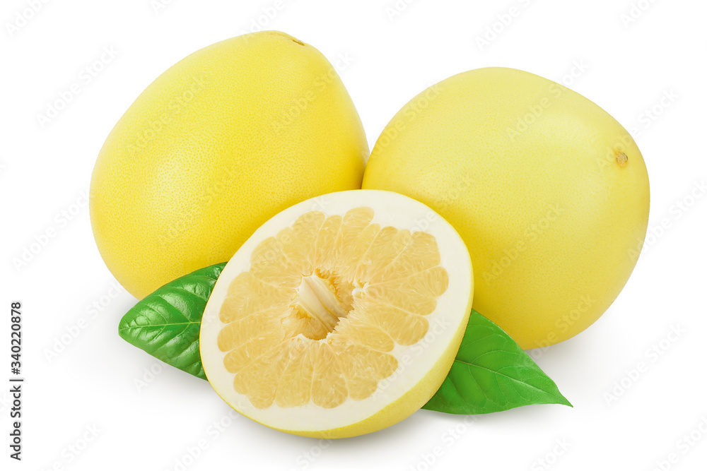 pomelo with half and leaf isolated on white background with clipping path and full depth of field pomelo with half and leaf isolated on white background with clipping path and full depth of field