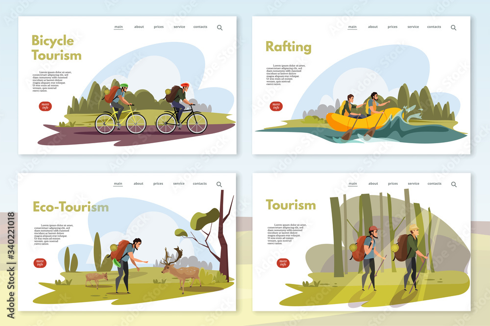 Tourist in wild nature vector webpages set