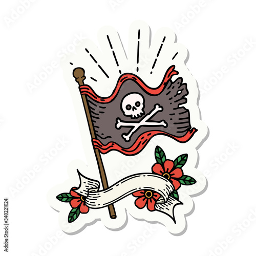 sticker of tattoo style waving pirate flag