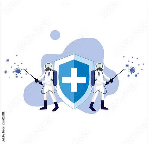 Man in hazmat of disinfection spraying worker to eradicate corona virus covid 19 .cure coronavirus. people Fight, Defeat, Protect virus concept. corona viruses vaccine concept. end of 2019-ncov