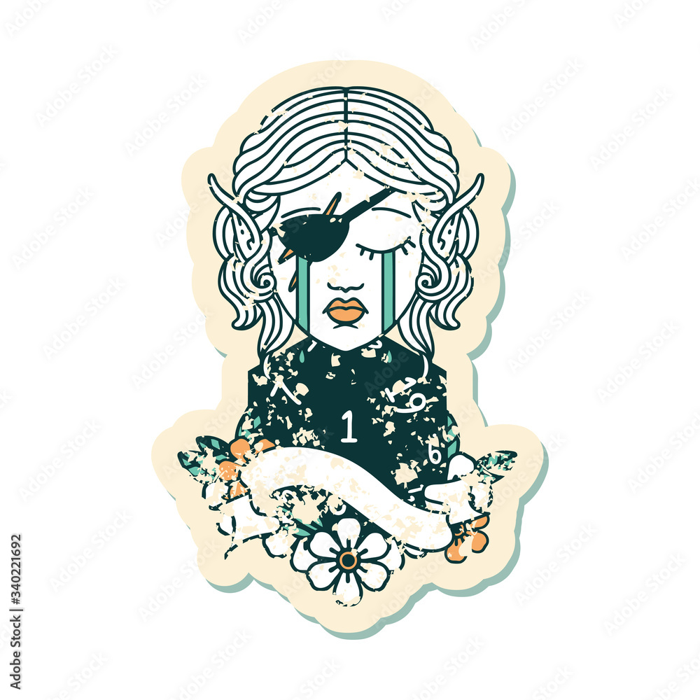 crying elf rogue character face with natural one D20 roll illustration crying elf rogue character face with natural one D20 roll illustration