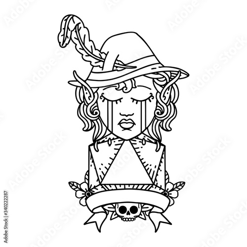 crying elf bard character with natural one D20 roll illustration