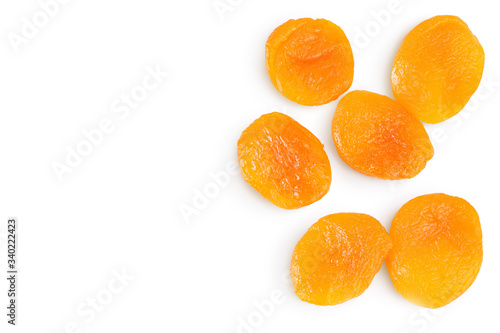 Dried apricots isolated on white background with clipping path and full depth of field. Top view with copy space for your text. Flat lay