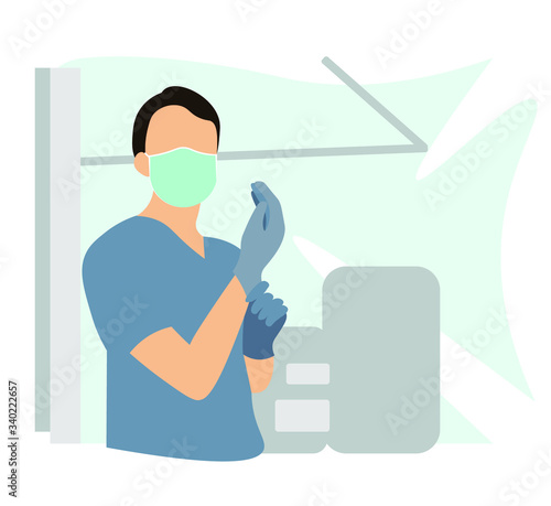 Doctor, Nurse, or medical staff wearing medical face mask and disposable gloves. Getting ready to fight corona NOV Covid-19 virus pandemic. Risking life and health. coronavirus 