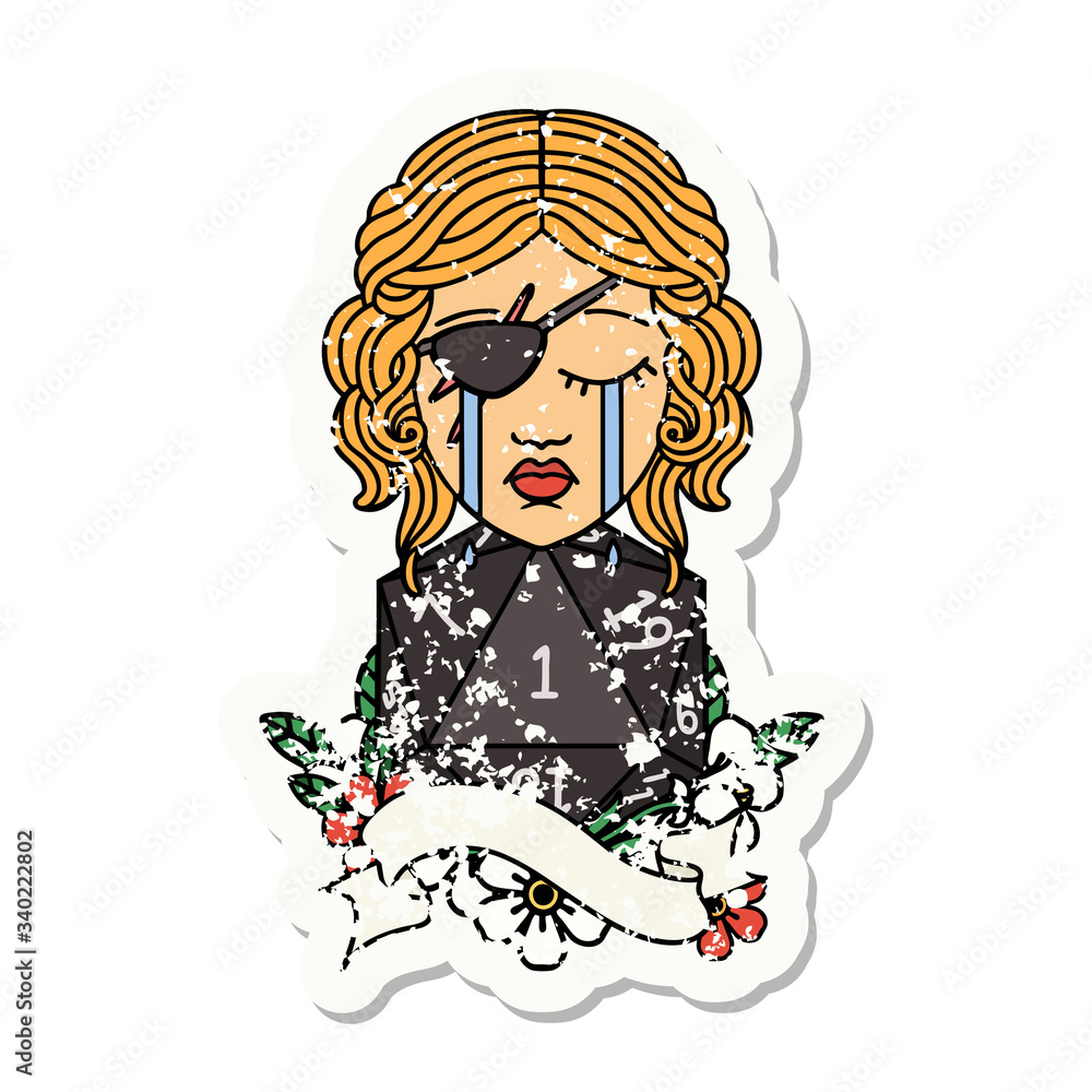 crying human rogue with natural one D20 roll grunge sticker crying human rogue with natural one D20 roll grunge sticker