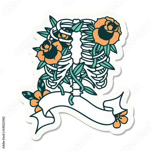 tattoo sticker with banner of a rib cage and flowers