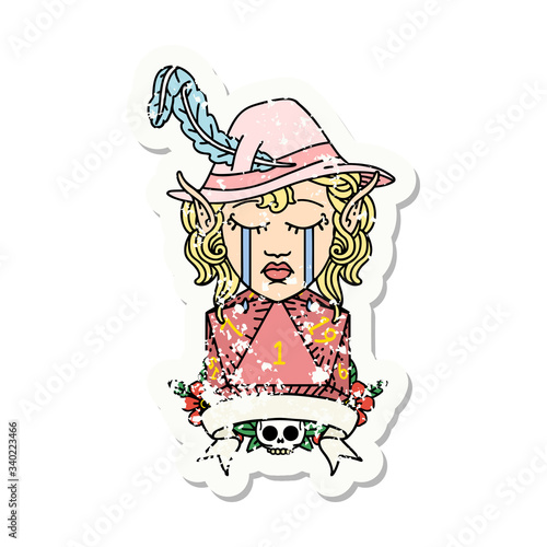 crying elf bard character with natural one D20 roll illustration