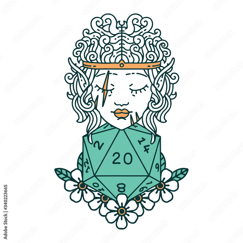 elf barbarian character with natural twenty dice roll illustration elf barbarian character with natural twenty dice roll illustration