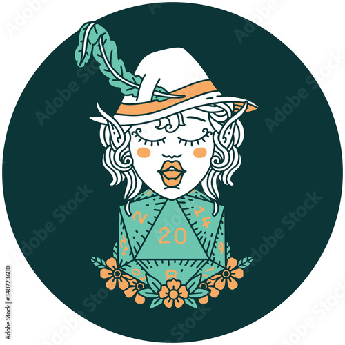 elf bard character with natural twenty dice roll icon