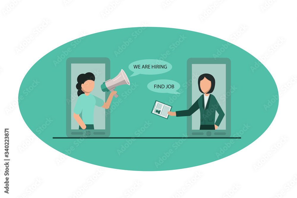 We are hiring concept. HR with megaphone announces vacancy and recruiter with cv from phone screen. vector illustration We are hiring concept. HR with megaphone announces vacancy and recruiter with cv from phone screen. vector illustration